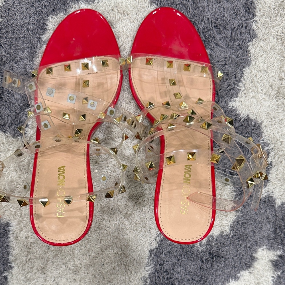 Fashion Nova Red and Clear Studded Sandals